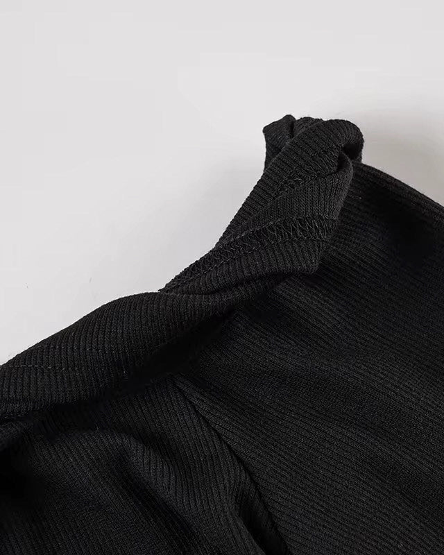 SASS FOR BREAKFAST RIBBED OFF-SHOULDER BLACK TOP