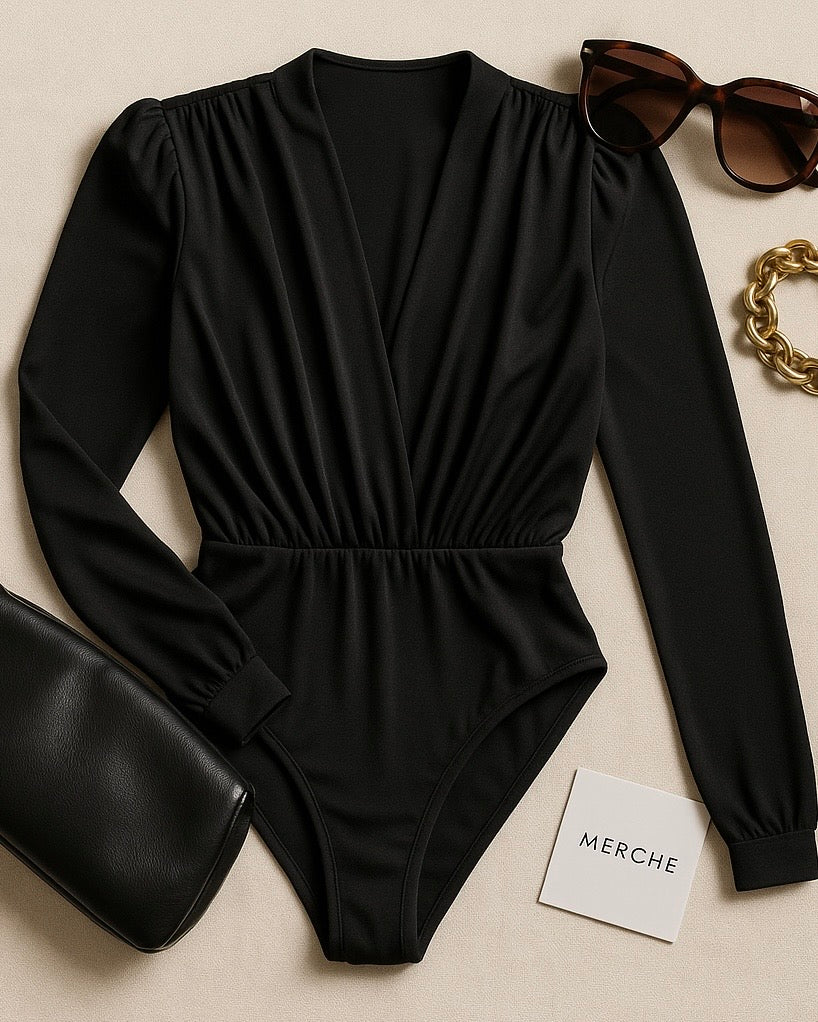 CALL THE SHOTS PADDED SHOULDER BLACK BODYSUIT