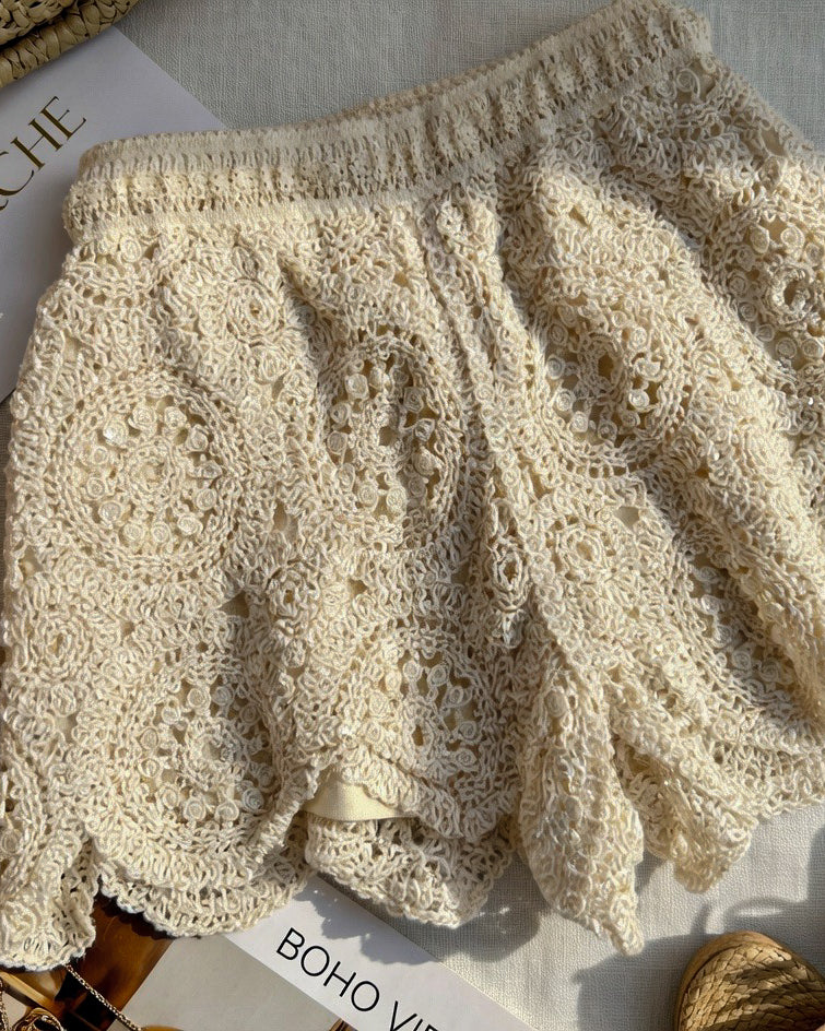 WHERE THE WAVES ARE BEIGE LACEY LUXE CROCHET SHORTS