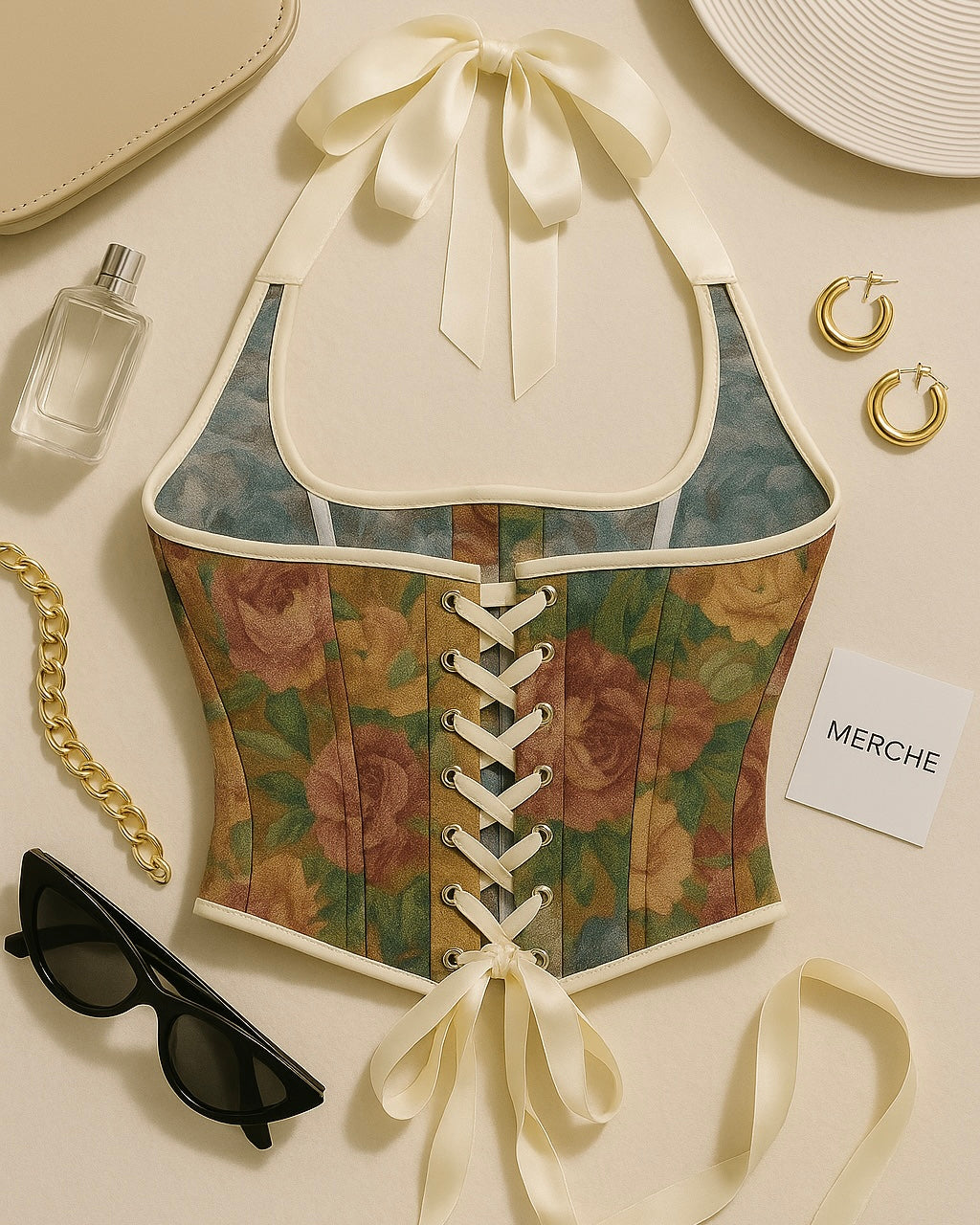 SCANDAL ERA FLORAL JACQUARD CORSETRY HALTERNECK TOP