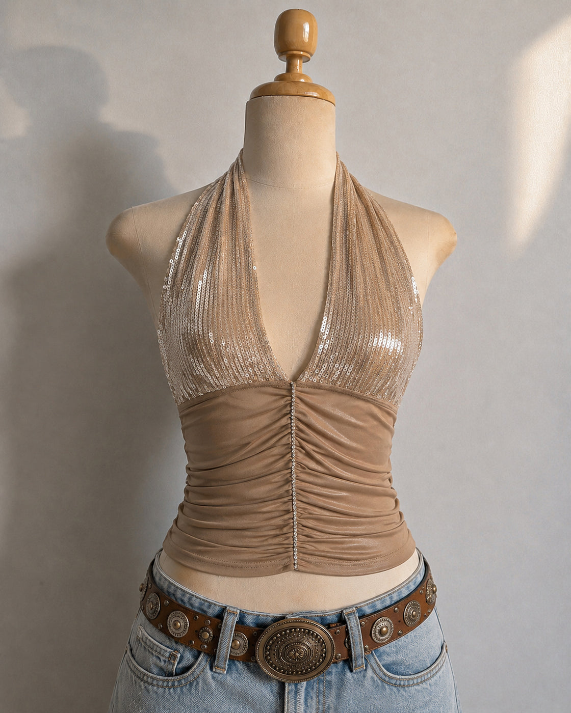 FORTUNES FAVOURITE GIRL SEQUIN AND DIAMOND EMBELLISHED MESH DETAIL HALTERNECK TOP