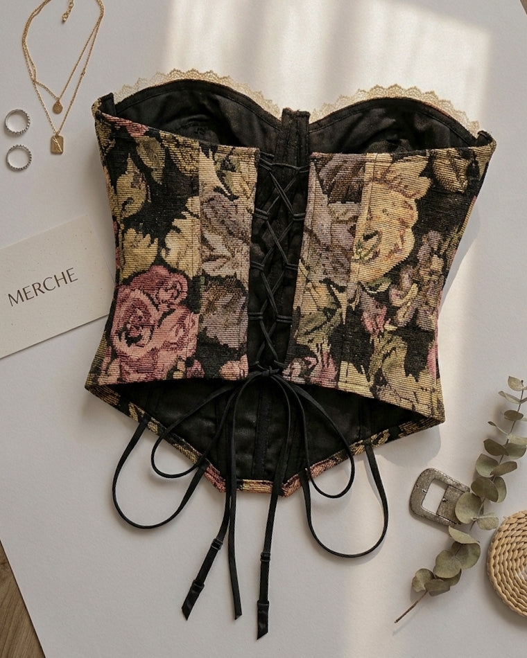 THE NIGHT ROUTINE LACE DETAIL JACQUARD CORSET