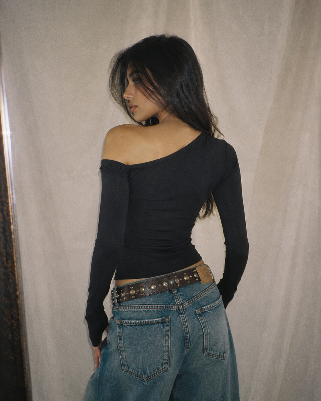 SASS FOR BREAKFAST RIBBED OFF-SHOULDER BLACK TOP
