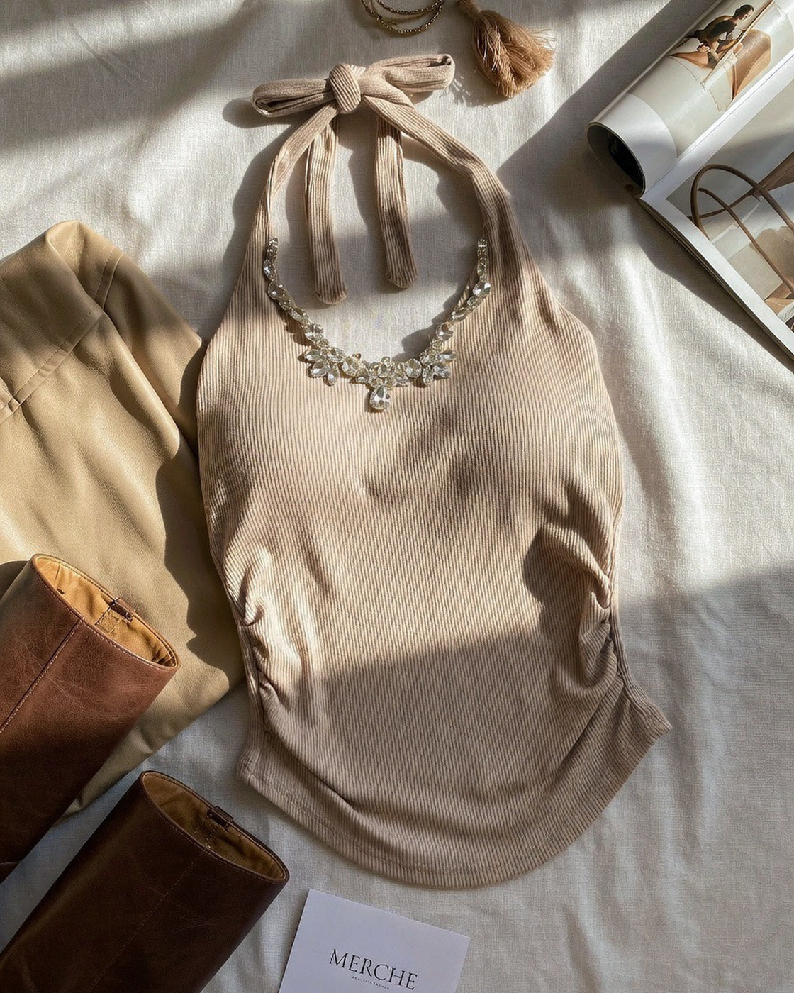 BISTRO LOVER DIAMOND EMBELLISHED PADDED TAUPE HALTERNECK TOP