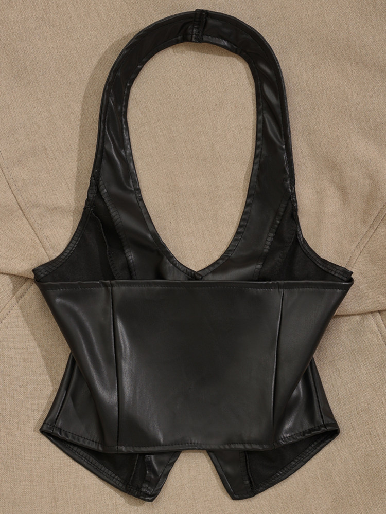 TAKE THE SHOT FAUX LEATHER HALTERNECK TOP