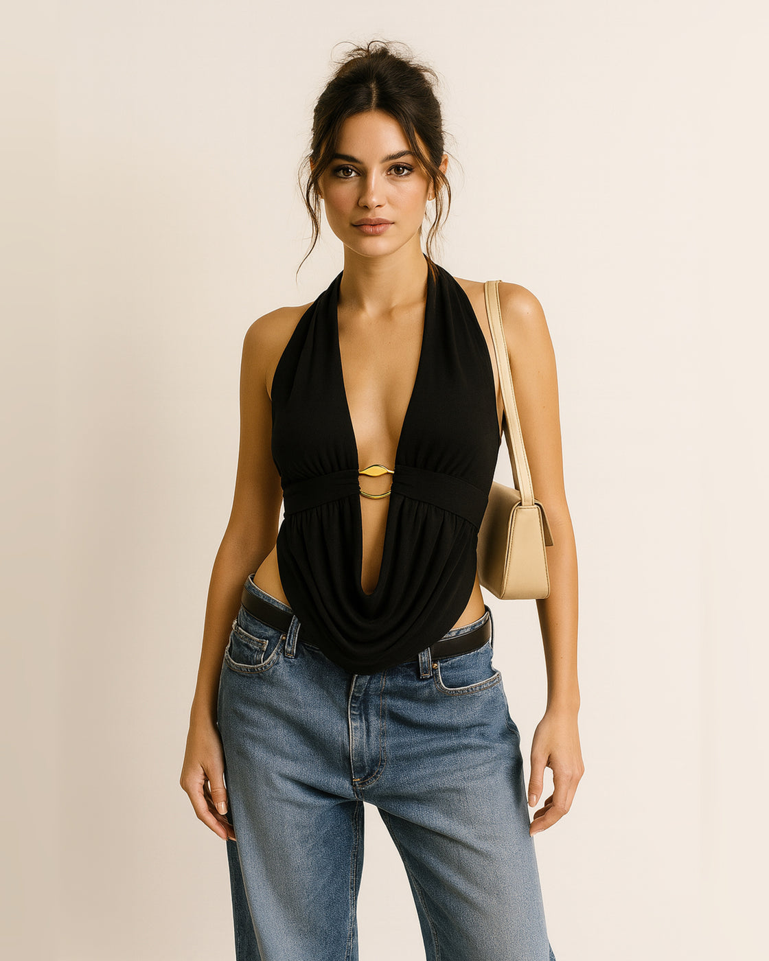 CREW TALK DRAPED BUCKLE TIE-BACK TOP