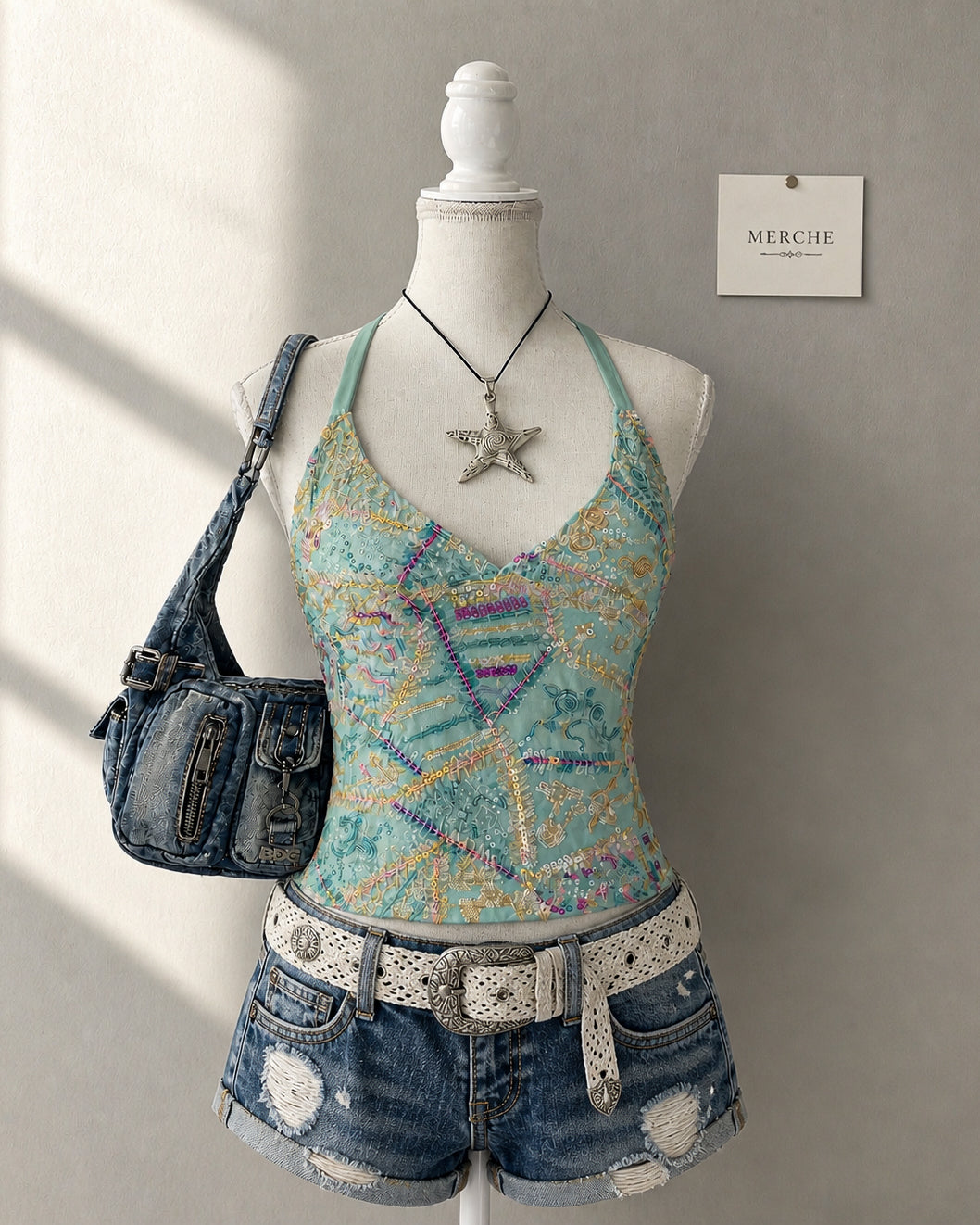 POP PRINCESS EMBROIDERED BLUE BACKLESS TOP