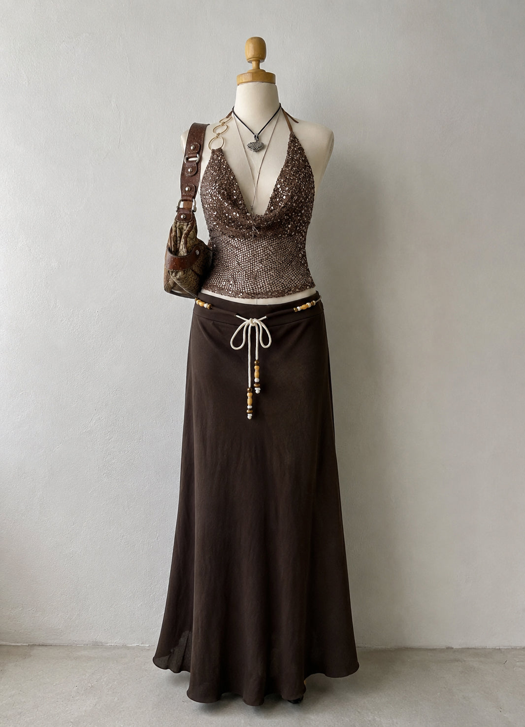 PARADISE BEACH BEADED LUXE BROWN MAXI SKIRT