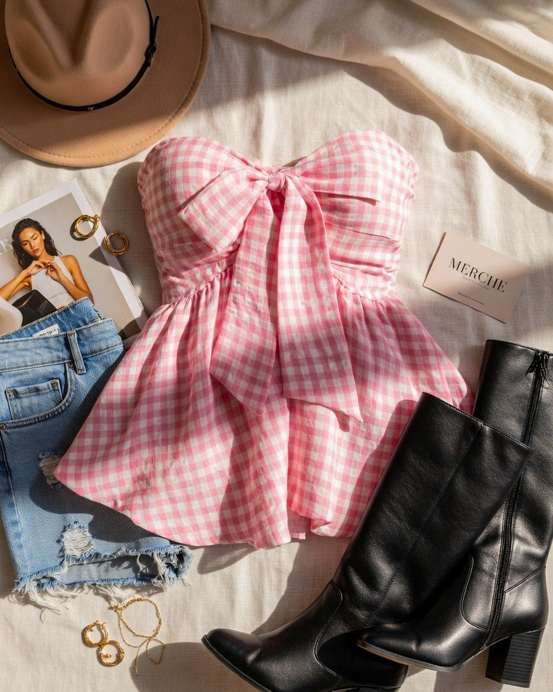 CHECKMATE BABE PADDED BOW PINK GINGHAM TOP”