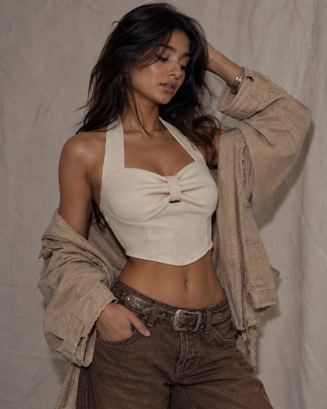 MATERIAL GIRL IVORY RIBBED BOW HALTERNECK TOP