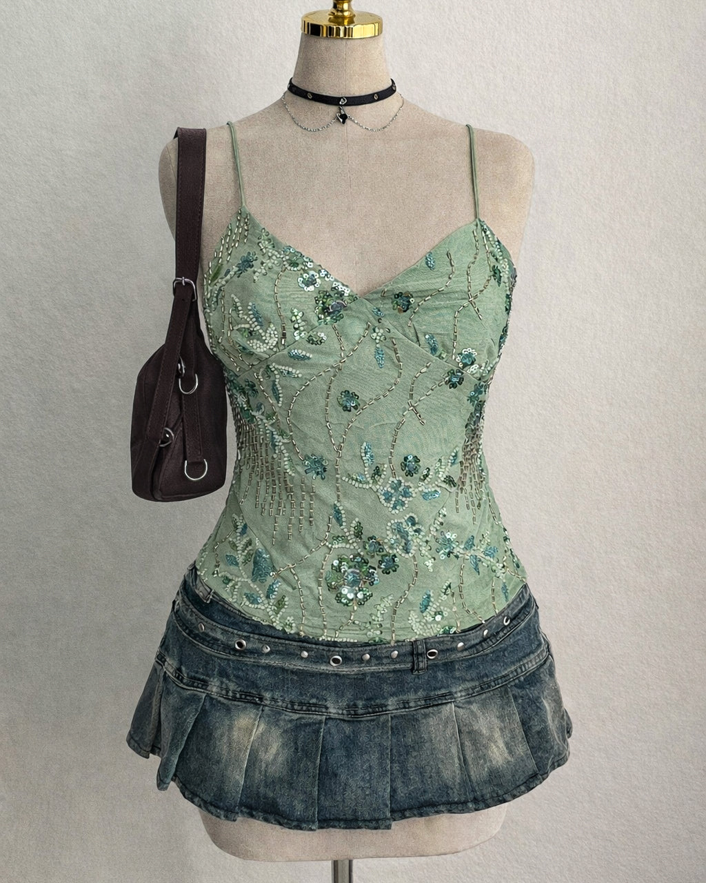 SHOTS ON ME EMBROIDERED SAGE GREEN CROSSBACK TOP