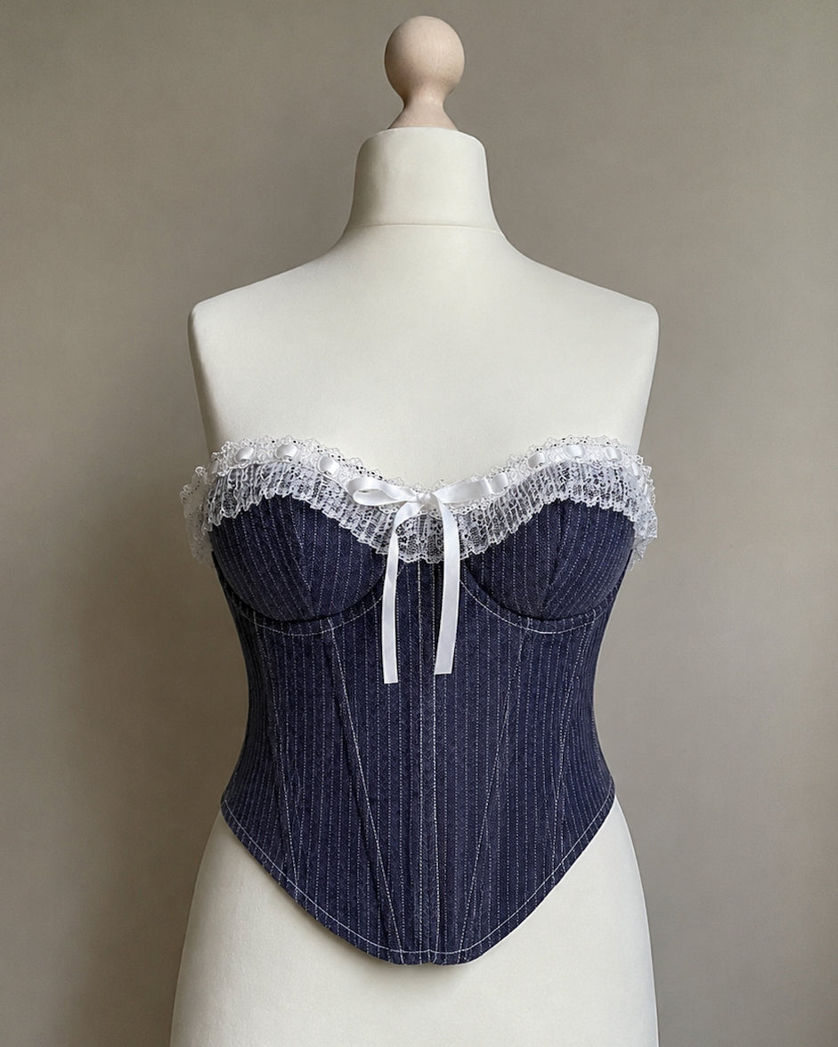 HOT TAKE PINSTRIPE LACEY INDIGO CORSET