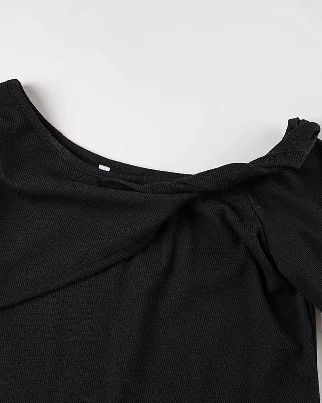 SASS FOR BREAKFAST RIBBED OFF-SHOULDER BLACK TOP