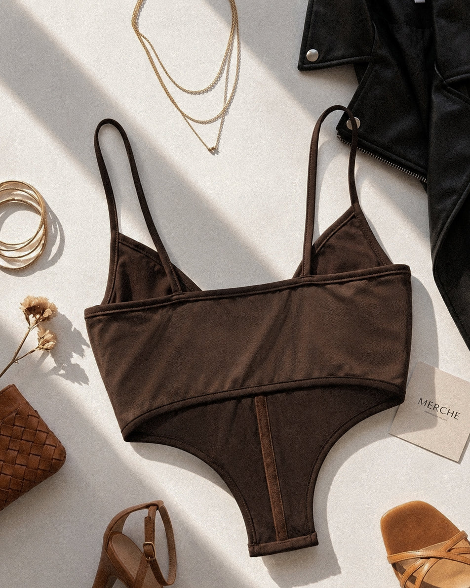 AYE AYE CAPTAIN BONING DETAIL LUXE CORSETED BROWN CAMI TOP