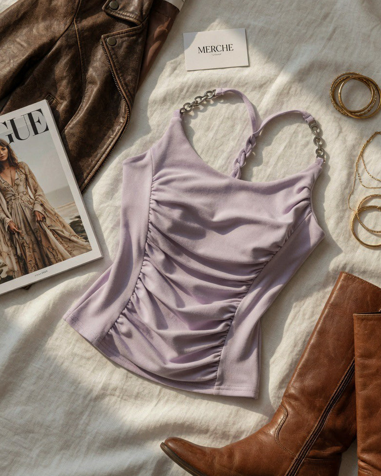 JUST POSING PADDED TWISTED BACK LAVENDER TOP