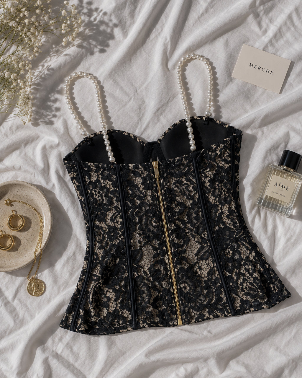 LOOKS COULD CALL PEARL STRAP LACE DETAIL CORSET
