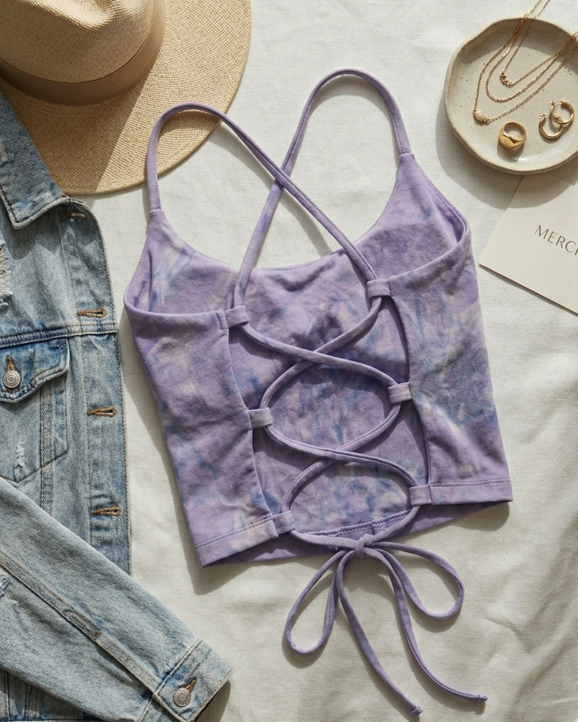 SUNSET SORBET TIE-DYE PADDED CROSSBACK LILAC TOP