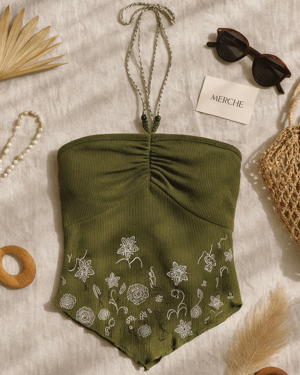 COZY LIFE OLIVE BEADED HALTERNECK TOP