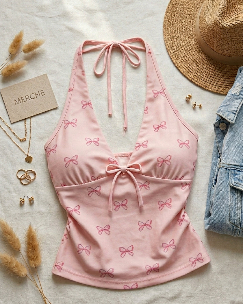 UNICORNS EXIST CHICA BOW DETAIL SUMMER PINK HALTERNECK TOP