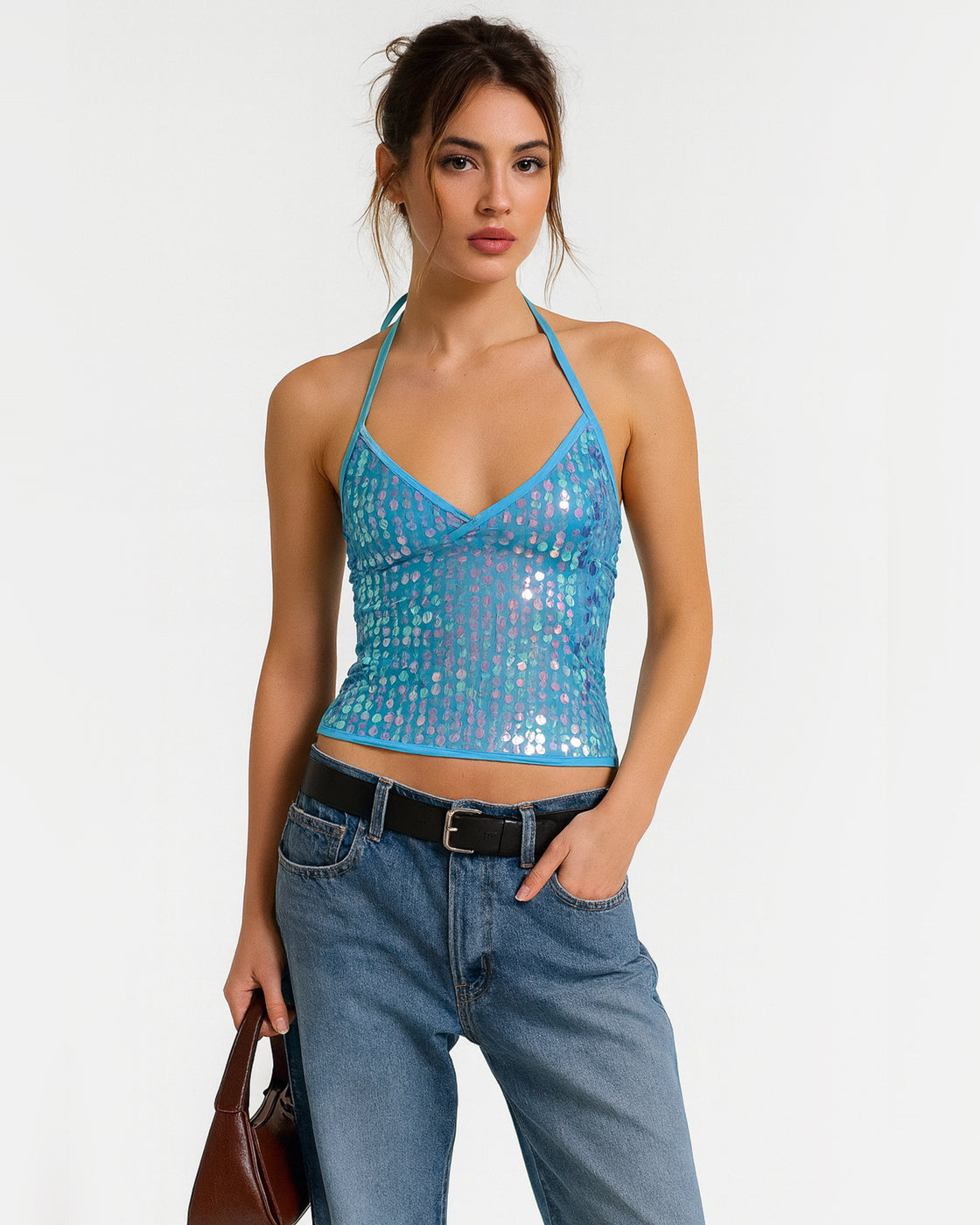 MERMAID CALL SEQUIN EMBELLISHED TIE-BACK TOP