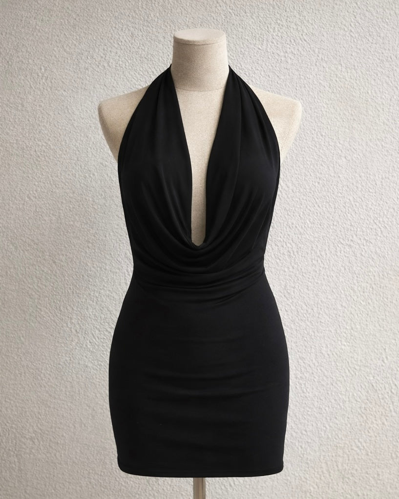 JUST THAT GIRL APPLIQUE EMBELLISHED HALTERNECK BLACK DRESS