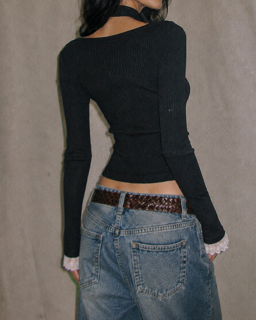 ITALIAN RIVIERA LACE DETAIL BLACK TOP WITH PENCIL SCARF