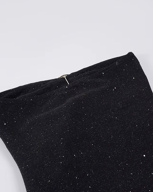 COCKTAIL HOUR SHIMMER VELOUR COWL BLACK BANDEAU DRESS