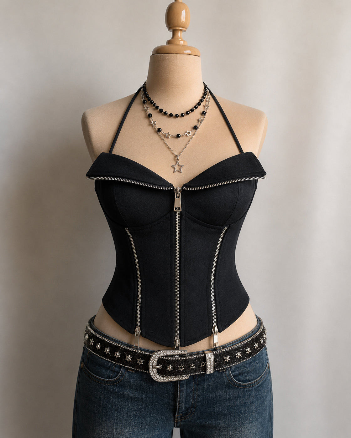 BAR NIGHT ZIPPED BLACK HALTER CORSET