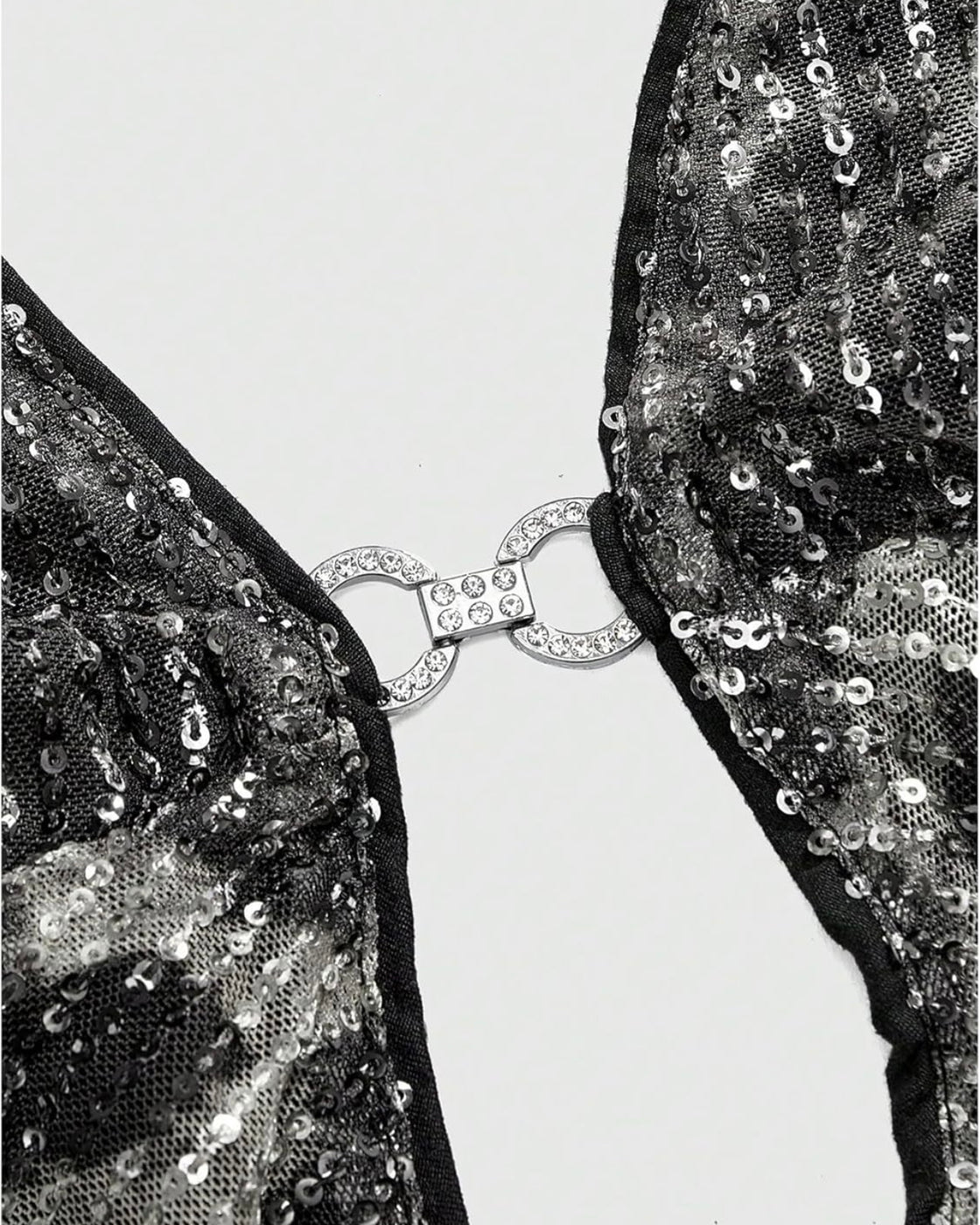 WORTH IT LUXE SEQUIN AND DIAMOND BROOCH EMBELLISHED BACKLESS GREY TOP