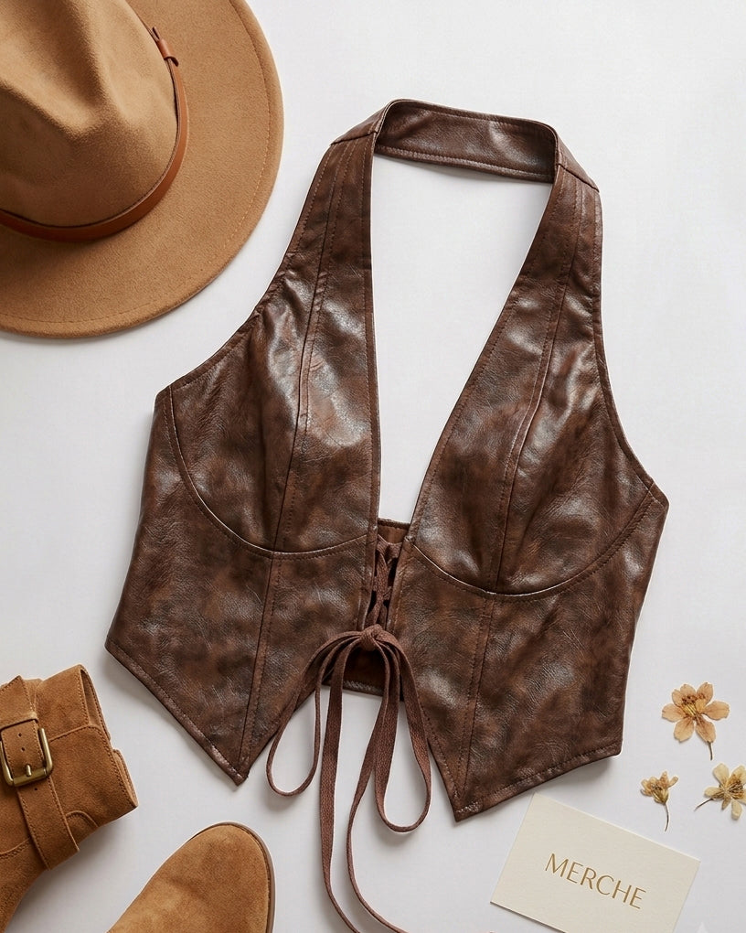 HIGH MAINTENANCE FAUX LEATHER BROWN HALTERNECK TOP