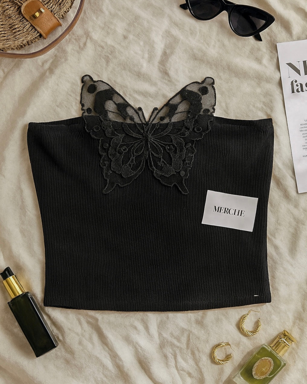 BLESSED LIFE APPLIQUE BLACK BANDEAU TOP