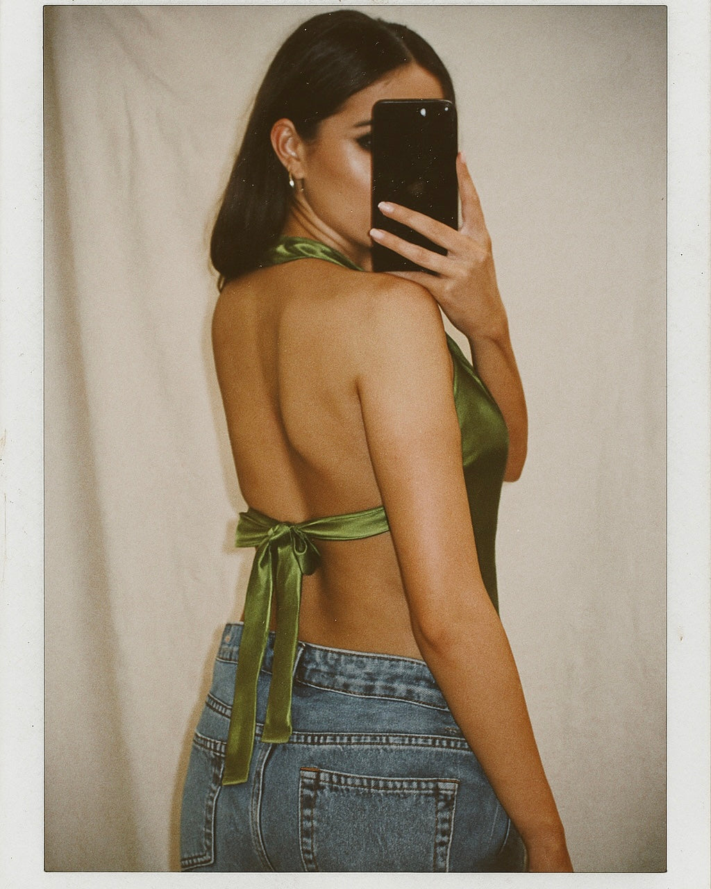 DAWN ON ME OLIVE LUXE SATIN BOW-BACK HALTERNECK TOP