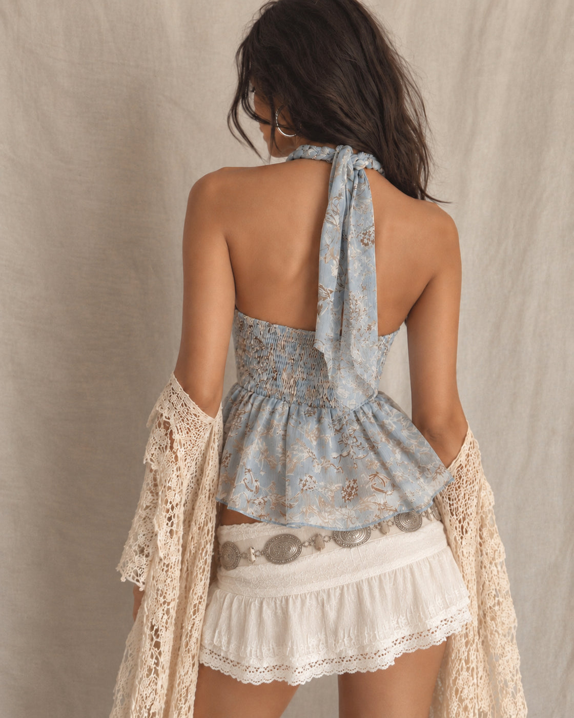SWEET ESCAPE BRAIDED FLORAL HALTERNECK TOP