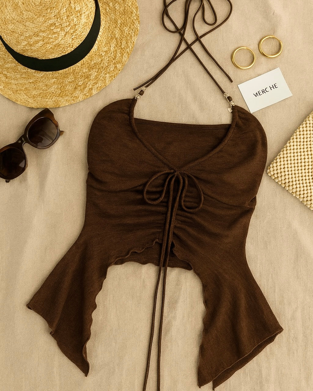 MYSTIC HOUR COCOA BROWN TIE-UP HALTERNECK TOP