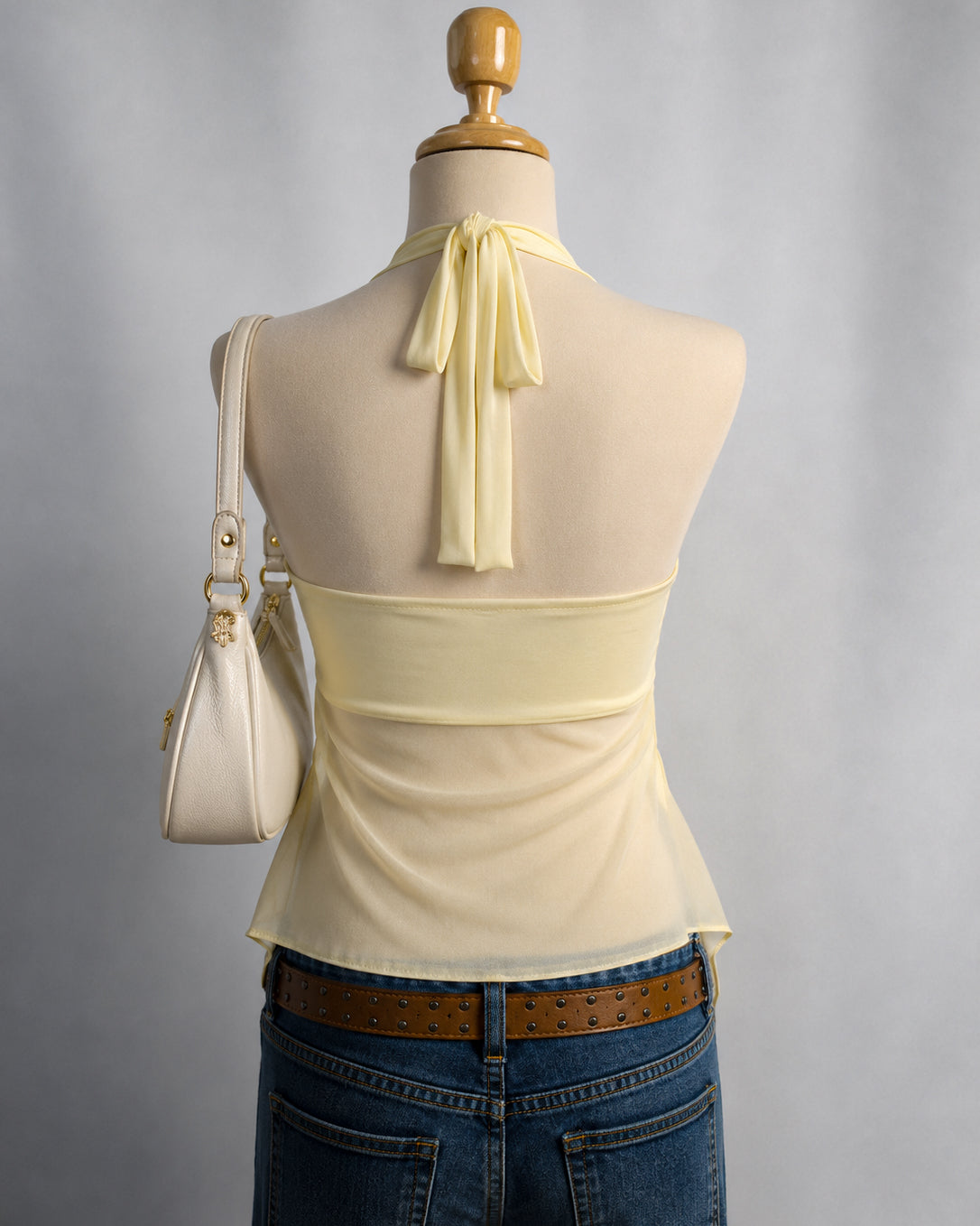 FIRST DATE DIAMOND BROOCH MESH DETAIL BUTTER YELLOW HANDKERCHIEF TOP