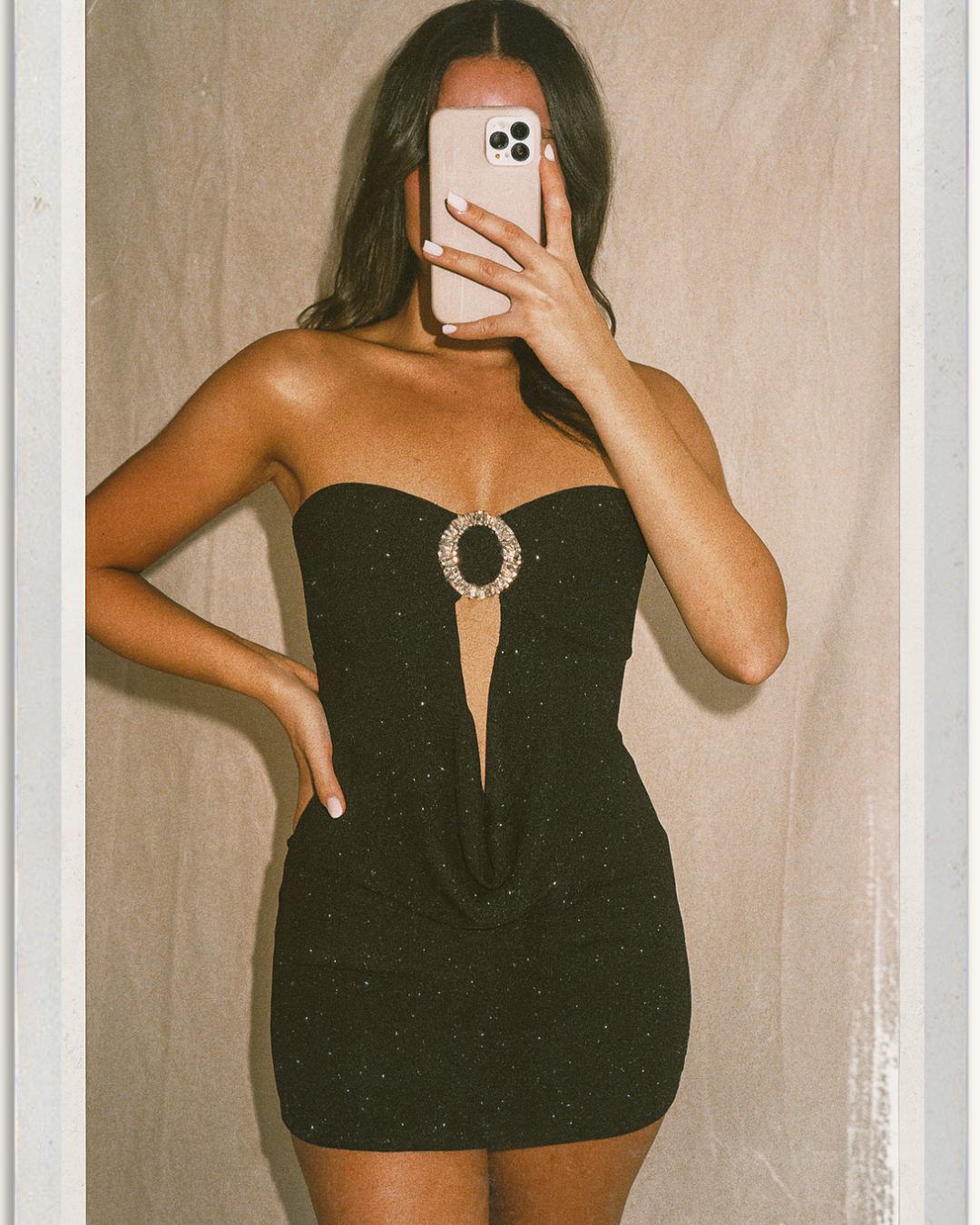 COCKTAIL HOUR SHIMMER VELOUR COWL BLACK BANDEAU DRESS