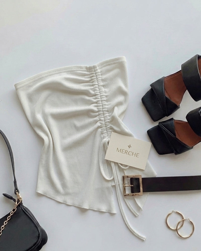 SUGAR UP DRAWSTRING WHITE ASYMMETRICAL BANDEAU TOP