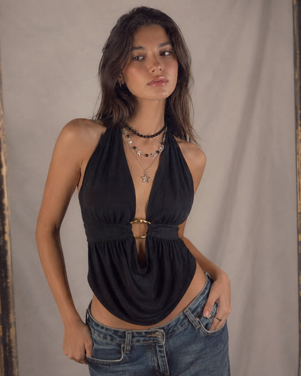 CREW TALK DRAPED BUCKLE TIE-BACK TOP