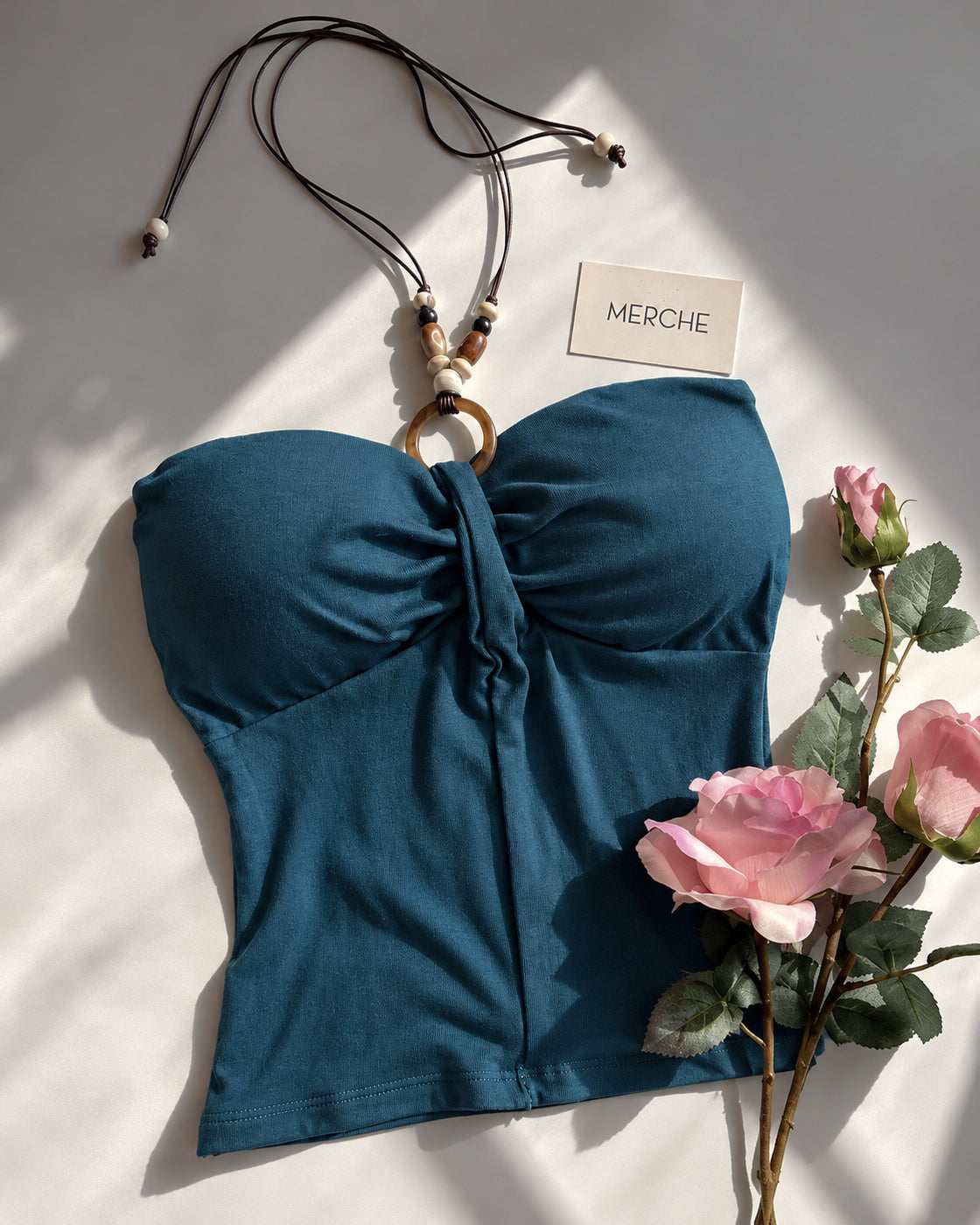 BOHO ROUTE PADDED BEADED TIE-UP TURQUOISE BANDEAU TOP