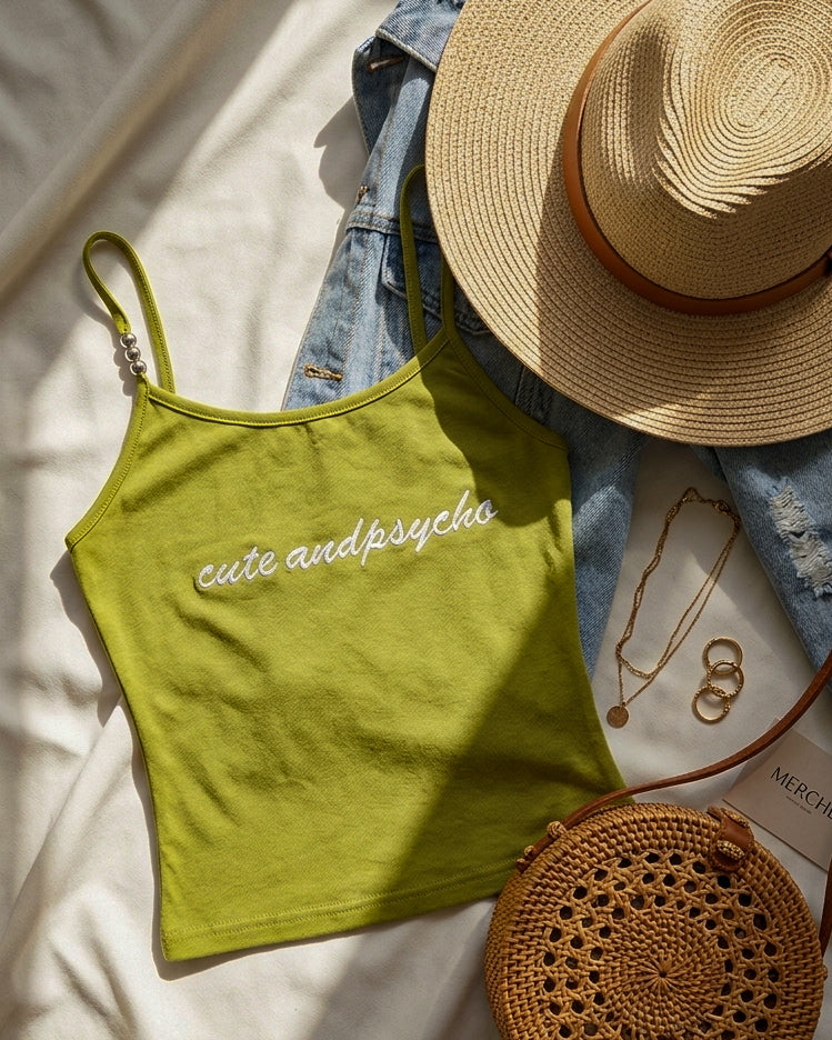 CUTE AND PSYCHO SLOGAN EMBROIDERED LIME GREEN CAMI TOP