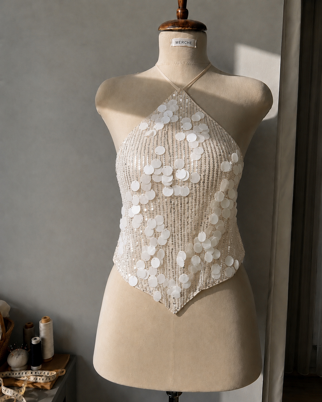 BORN ON THE STAGE SEQUIN EMBELLISHED BACKLESS ASYMMETRICAL TOP