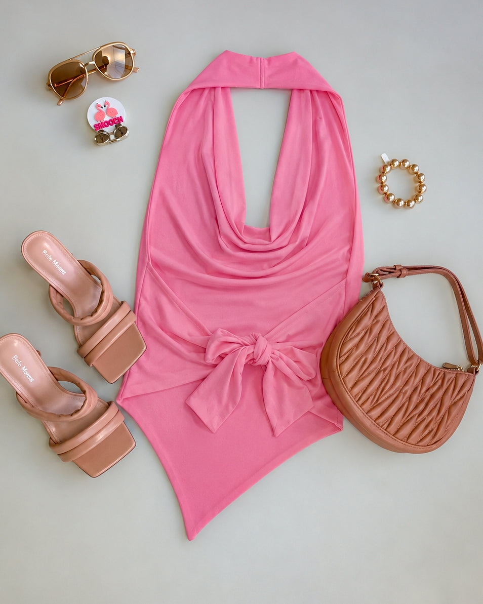 INSTANT KARMA DRAPED ASYMMETRICAL BACKLESS BLUSH PINK TOP