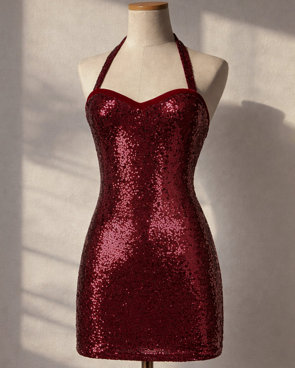 VILLAIN BARBIE RED SEQUIN EMBELLISHED HALTERNECK DRESS