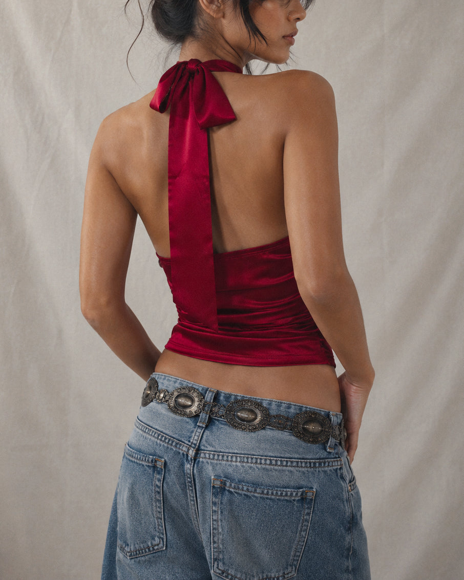BFF TWINNING LUXE SATIN LONG STRAPS HALTERNECK BERRY RED TOP