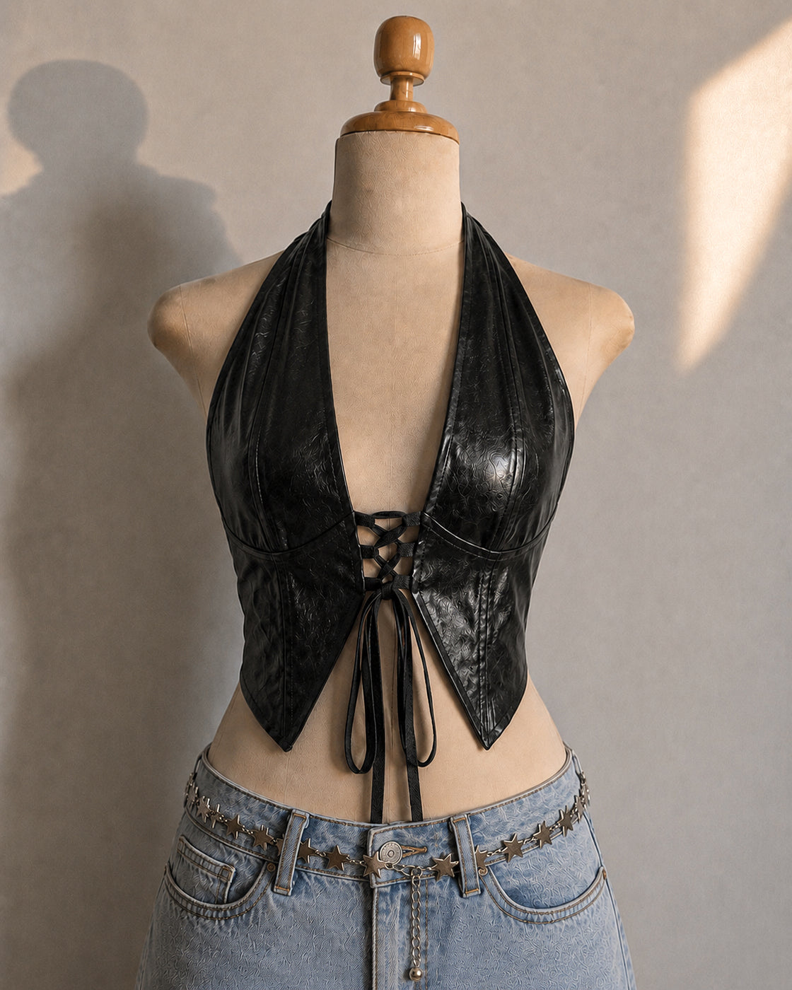 HIGH MAINTENANCE FAUX LEATHER BLACK HALTERNECK TOP