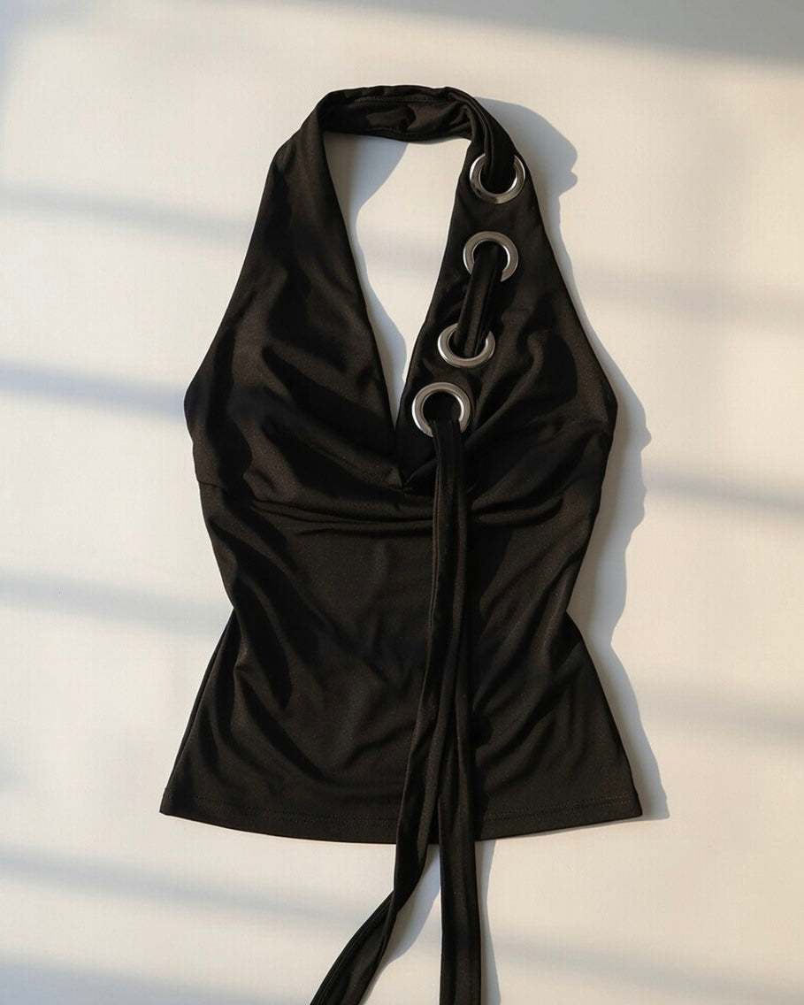 ENOUGH SAID METAL DETAIL BLACK HALTERNECK TOP
