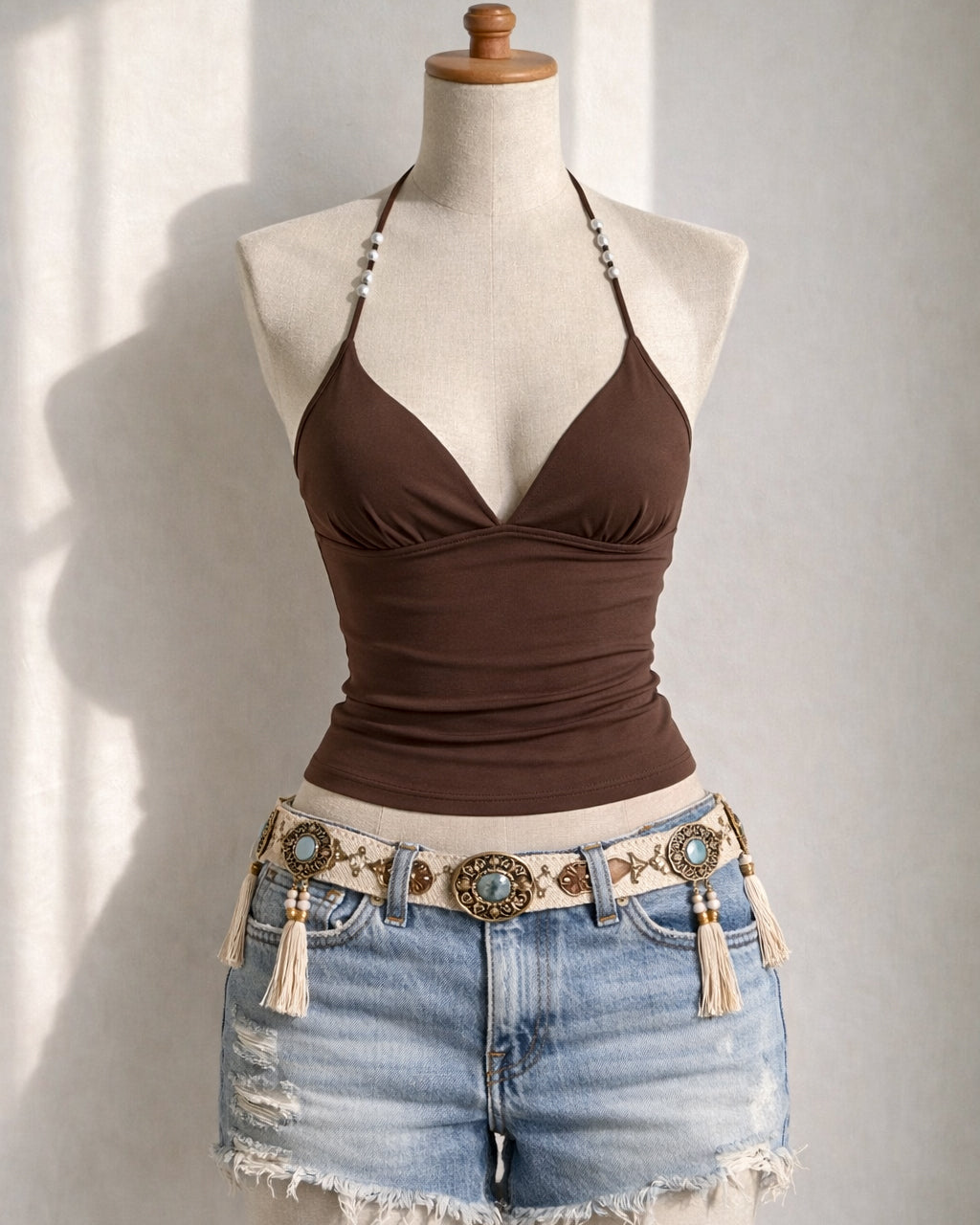 SORRY NOT SORRY BEADED BROWN HALTERNECK TOP