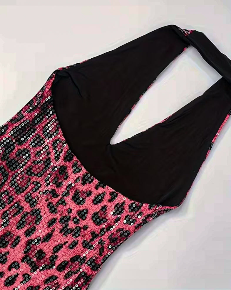 DIM THE LIGHTS SEQUIN EMBELLISHED PINK HALTERNECK DRESS