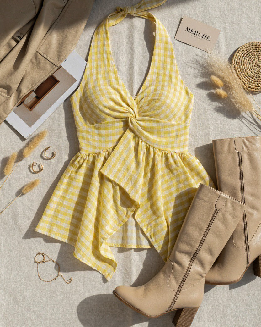 MY BAD BABY CHECKS ASYMMETRICAL HALTERNECK TOP