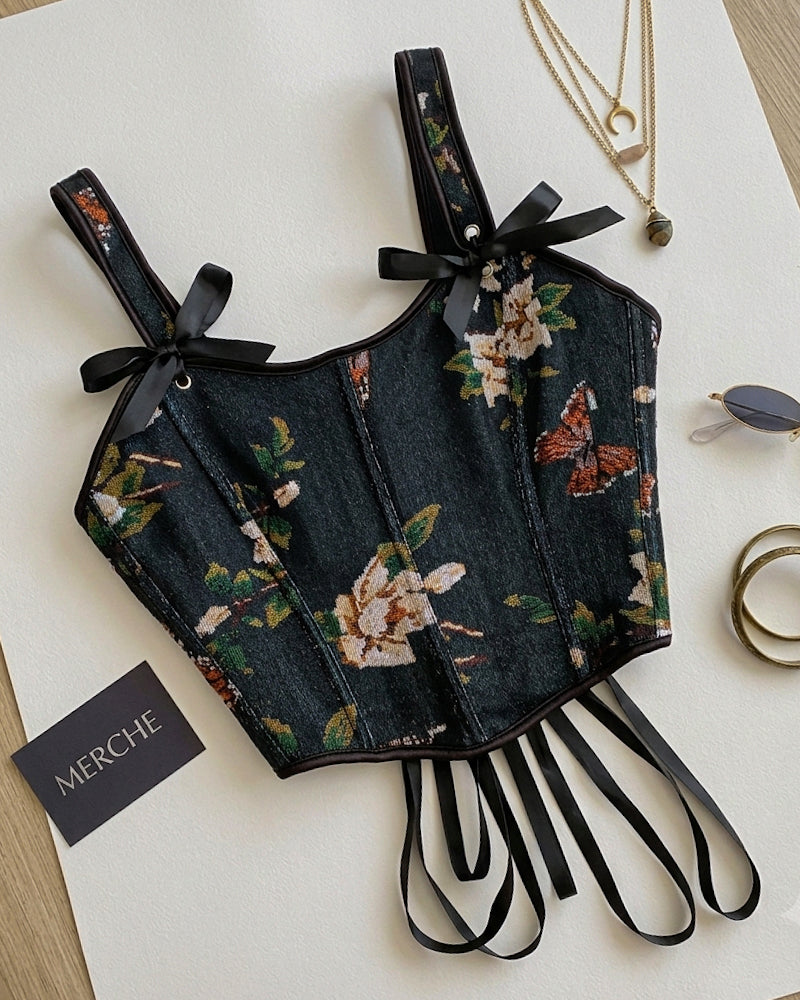 SHE BELONGS IN A MOVIE FLORAL JACQUARD BLACK CORSET